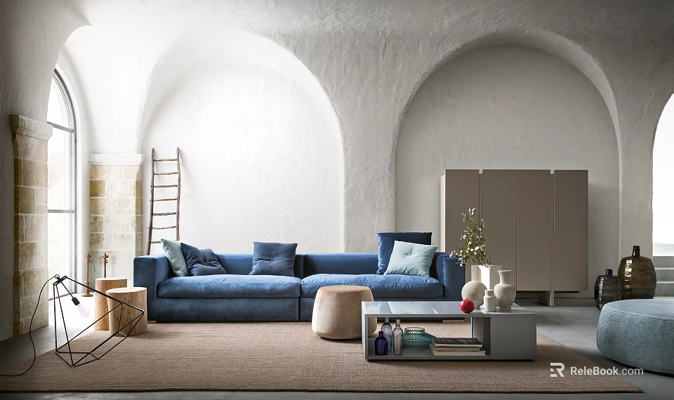 Modern Blue Sofa and Coffee Table Set with Cushions Round Ottoman and Beige Rug 3d model 