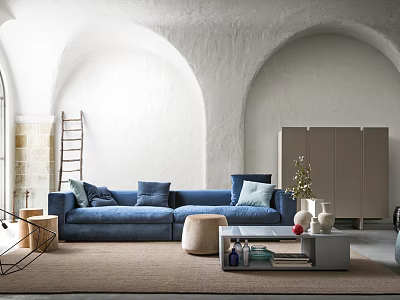 Modern Blue Sofa and Coffee Table Set with Cushions Round Ottoman and Beige Rug 3d model