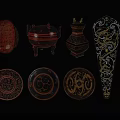 Traditional Decorative Ornament Set Featuring Red Black Gold Dragon Geometric Patterns Plates Vases Containers