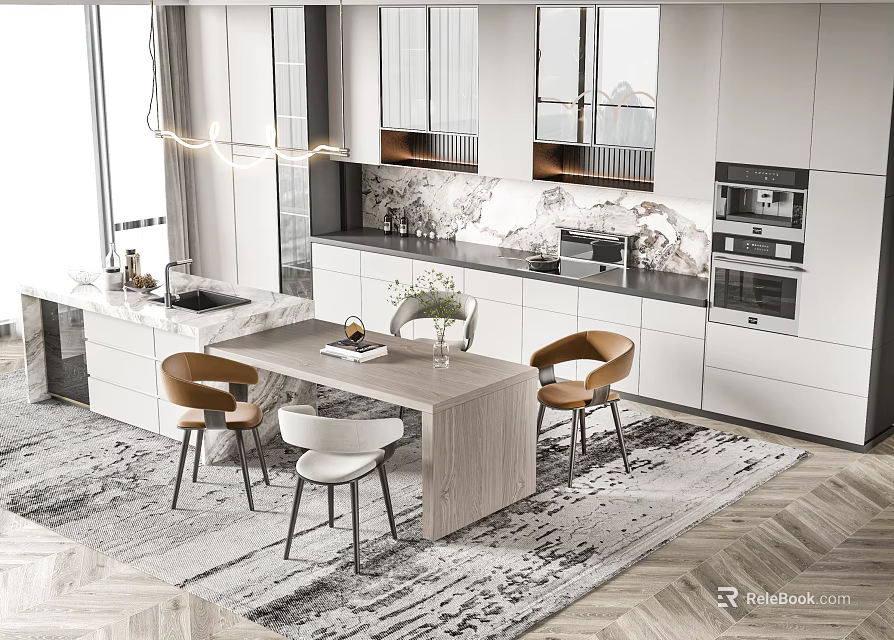 Modern Kitchen Interior Design With White Cabinets Marble Island Dining Table And Chairs 3d model 
