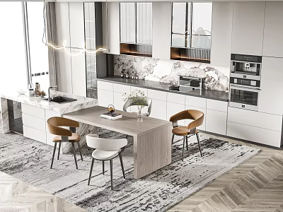 Modern Kitchen Interior Design With White Cabinets Marble Island Dining Table And Chairs 3d model