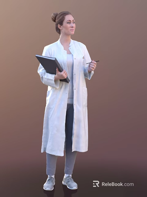 Woman Wearing White Coat Holding Black Folder And Pen Standing 3d model 
