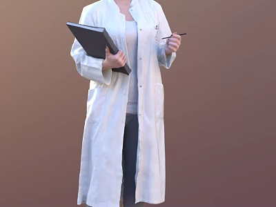 Woman Wearing White Coat Holding Black Folder And Pen Standing 3d model