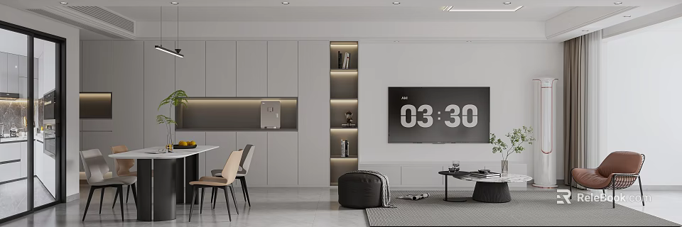 Modern Living Dining Room With Gray Cabinets Shelves Large TV Dining Table And Chairs 3d model 