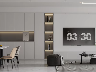 Modern Living Dining Room With Gray Cabinets Shelves Large TV Dining Table And Chairs 3d model