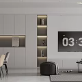 Modern Living Dining Room With Gray Cabinets Shelves Large TV Dining Table And Chairs