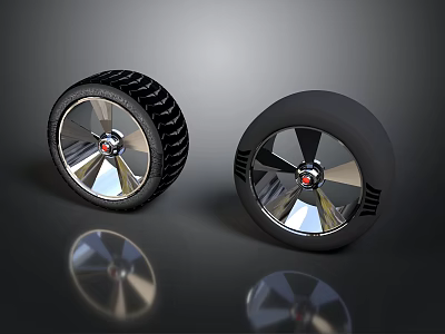 Two Black Tires With Silver Rims And Tread Patterns On Dark Background 3d model