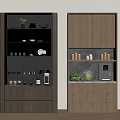 Modern Wooden Wine Cabinets With Lighted Shelves Green Plants Cups And Coffee Machine
