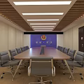 Spacious Conference Room With Long Wooden Table Gray Chairs And Linear Ceiling Lights