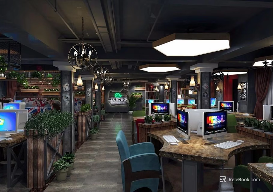 Industrial Style Internet Cafe Interior With Computers Comfortable Chairs Green Plants And Chandeliers 3d model 
