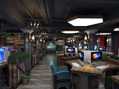 Industrial Style Internet Cafe Interior With Computers Comfortable Chairs Green Plants And Chandeliers 3d model