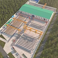 Industrial Factory Plant Outdoor Yard With Yellow Cranes Buildings Stacked Materials And Ground Warning Stripes