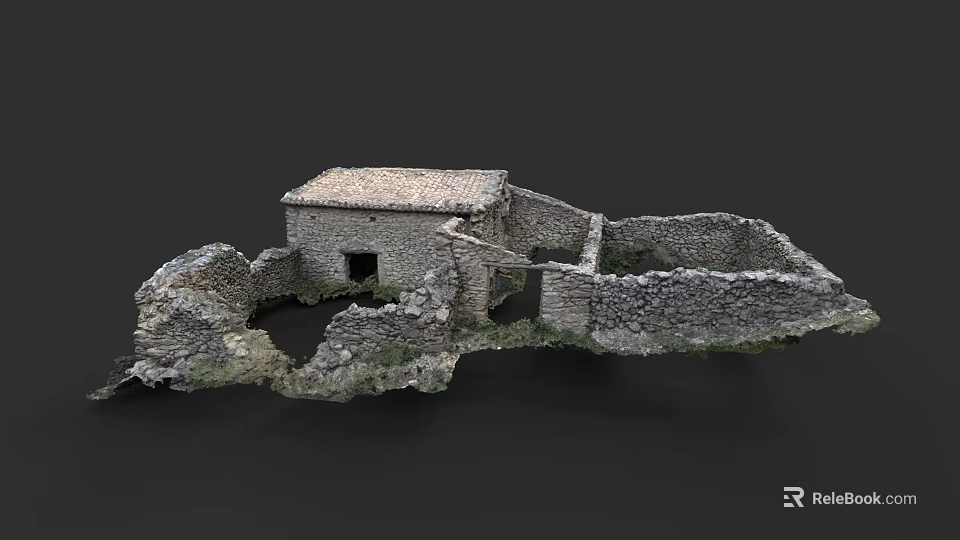 Detached Villa with Stone Construction Tile Roof and Ruined Stone Walls 3d model 