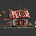 Cartoon Gingerbread House With Red Snow Covered Roof Small Tree Candy Cane And Wooden Steps