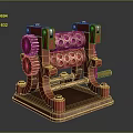 Red Vintage Mechanical Device Featuring Metal Gears Perforated Rollers And Lever On Sturdy Base