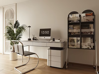 Modern Home Office Interior With White Desk Computer Modern Chair Green Plant And Wooden Floor 3d model