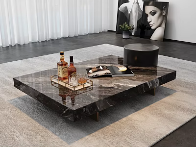 Modern Marble Top Coffee Table With Bottles Tray On Rug Curtains Wall Art And Plants 3d model