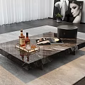 Modern Marble Top Coffee Table With Bottles Tray On Rug Curtains Wall Art And Plants