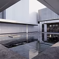 Modern Building Exterior Wall With Metal Panel Black Awning Stone Accent And Green Plant