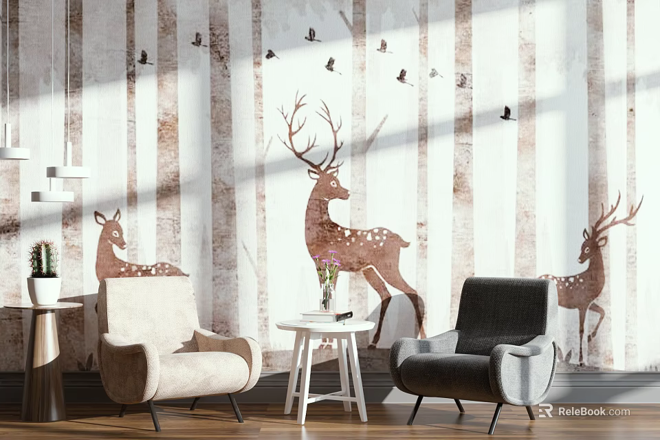 Light and Dark Colored Casual Sofa Set with Deer Motifs Wooden Stripe Wallpaper and Birds 3d model 
