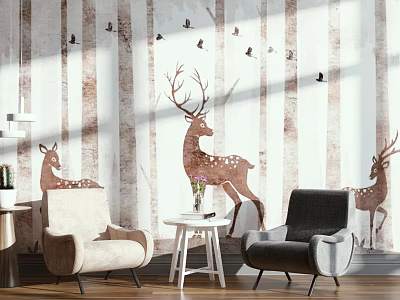 Light and Dark Colored Casual Sofa Set with Deer Motifs Wooden Stripe Wallpaper and Birds 3d model