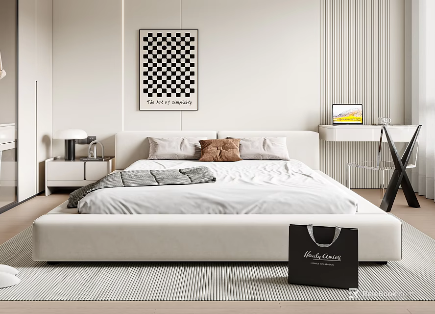 Modern White Double Bed With Bedside Table And Table Lamp Checkerboard Wall Art 3d model 