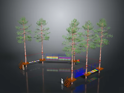 Fun Outdoor Playground With Tall Trees Colorful Bridge And Climbing Structures 3d model