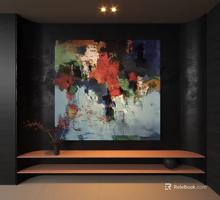 Modern Abstract Painting With Vibrant Red Green Blue Brushstrokes On Dark Wall 3d model 