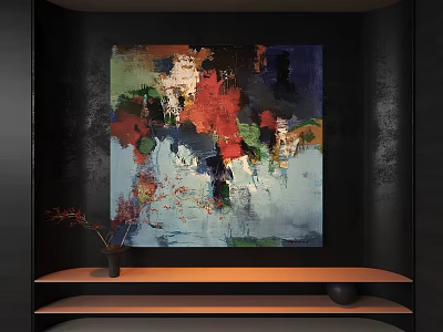 Modern Abstract Painting With Vibrant Red Green Blue Brushstrokes On Dark Wall 3d model