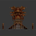 Cartoon Style Chinese Tower Scene With Multi Tiered Structure Red Roofs And Wooden Decorations