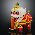 Traditional Chinese Lion Dance Figurine with White Head Red Gold Body and Decorative Scroll