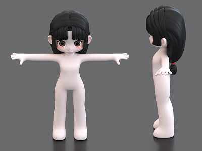 3D Woman Character Model With Black Hair White Body Front Back View Open Arms Pose 3d model