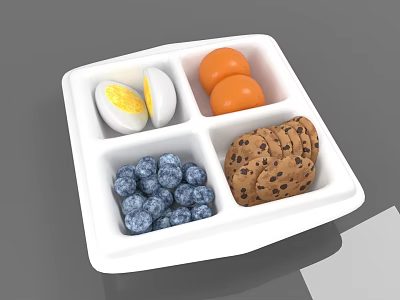White Divided Plate With Hard Boiled Eggs Apricots Blueberries And Chocolate Chip Cookies 3d model