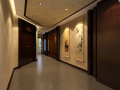 Hotel Corridor Modern Chinese Interior Design With Wooden Doors Chinese Paintings And Recessed Lighting 3d model