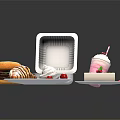 Assorted Food Including Burger Croissant Cake Pink Milkshake Open Takeout Container And Plates With Berries