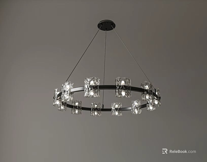 Modern Circular Chandelier With Transparent Glass Elements And Black Hanging Frame 3d model
