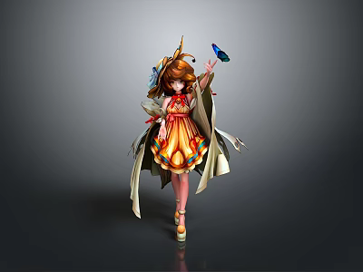 Child Wearing Colorful Traditional Dress With Flowing Cape And Decorative Headpiece Holding Butterfly 3d model