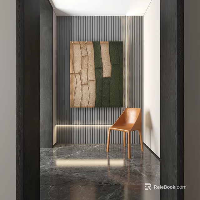 Modern Abstract Painting on Vertical Striped Wall with Wooden Chair and Marble Floor 3d model 