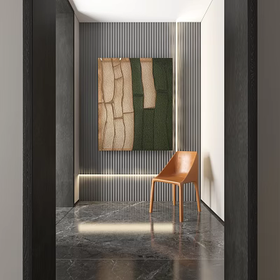 Modern Abstract Painting on Vertical Striped Wall with Wooden Chair and Marble Floor 3d model