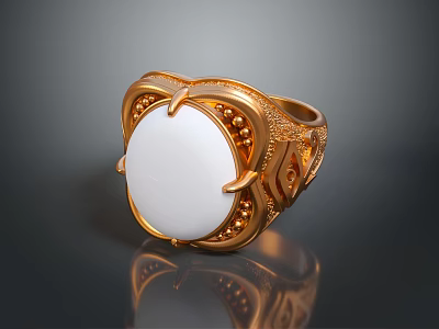 Luxurious Gold Ring With White Circular Stone And Ornate Gold Decorations 3d model