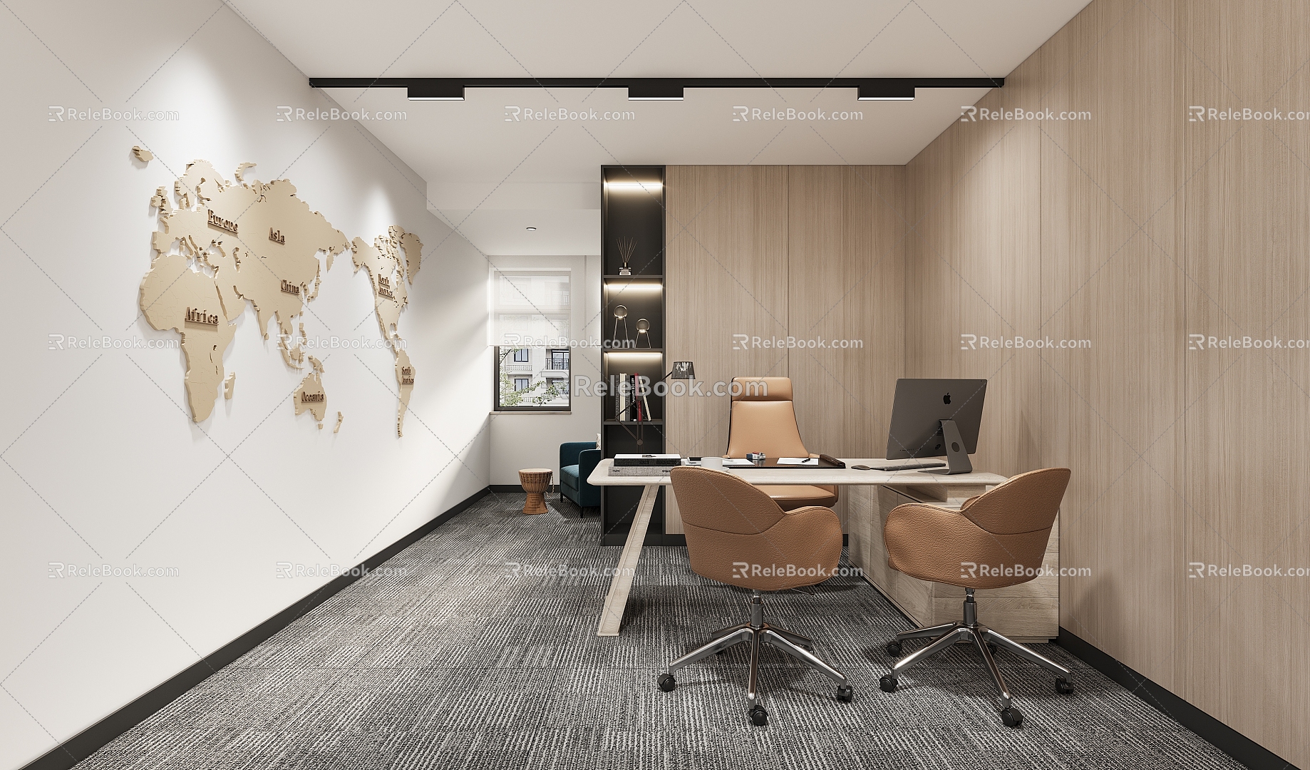 Simple office office desk and chair world map track spotlight carpet wood veneer wall panel ornaments 3d model