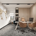 Simple office office desk and chair world map track spotlight carpet wood veneer wall panel ornaments 3d model