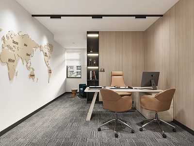 Modern Office Featuring Open Layout World Map Decor Wooden Wall Desk Computer And Office Chairs 3d model