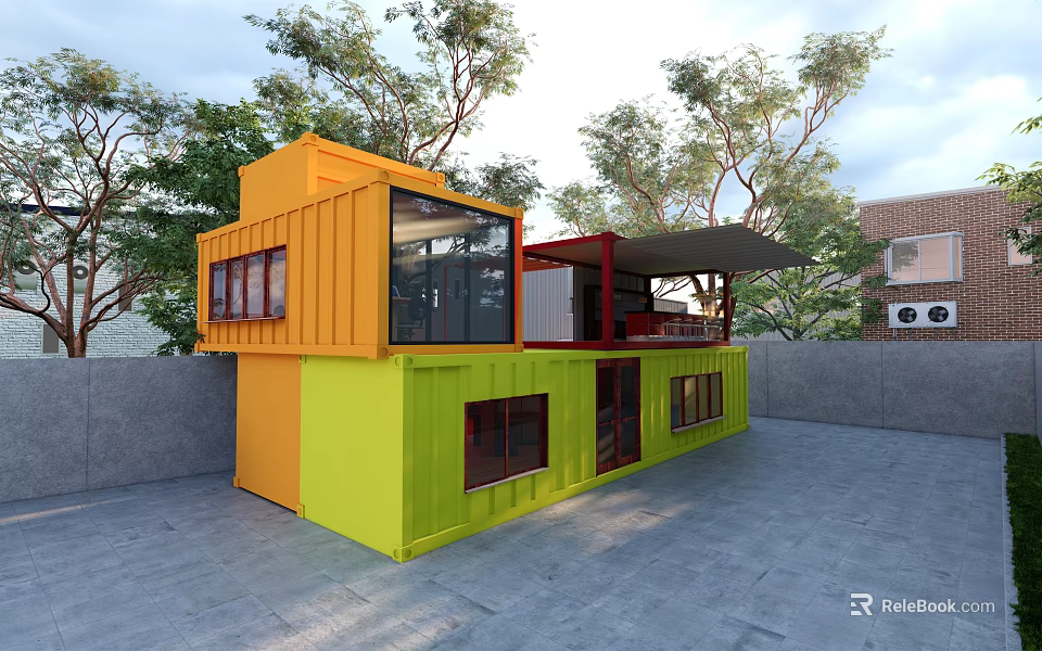 Two Story Orange And Green Container Built Post Station Surrounded By Trees 3d model 