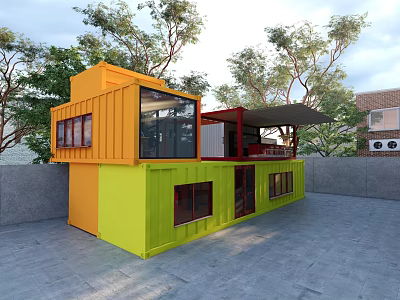 Two Story Orange And Green Container Built Post Station Surrounded By Trees 3d model