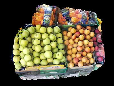 Fresh Assorted Fruits Display With Green Apples Apricots Red Peaches And Packaged Fruits 3d model