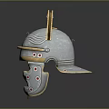 Ancient Weapon Helmet With Silver Gold Metal Arched Design Red Gemstones And Neck Guard