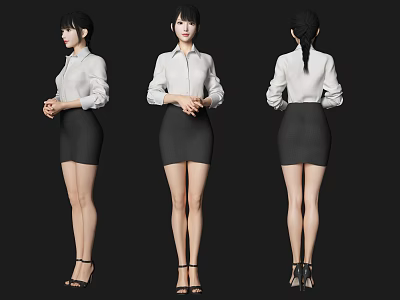 Stylish Woman in White Shirt and Black Skirt with High Heels from Three Angles 3d model