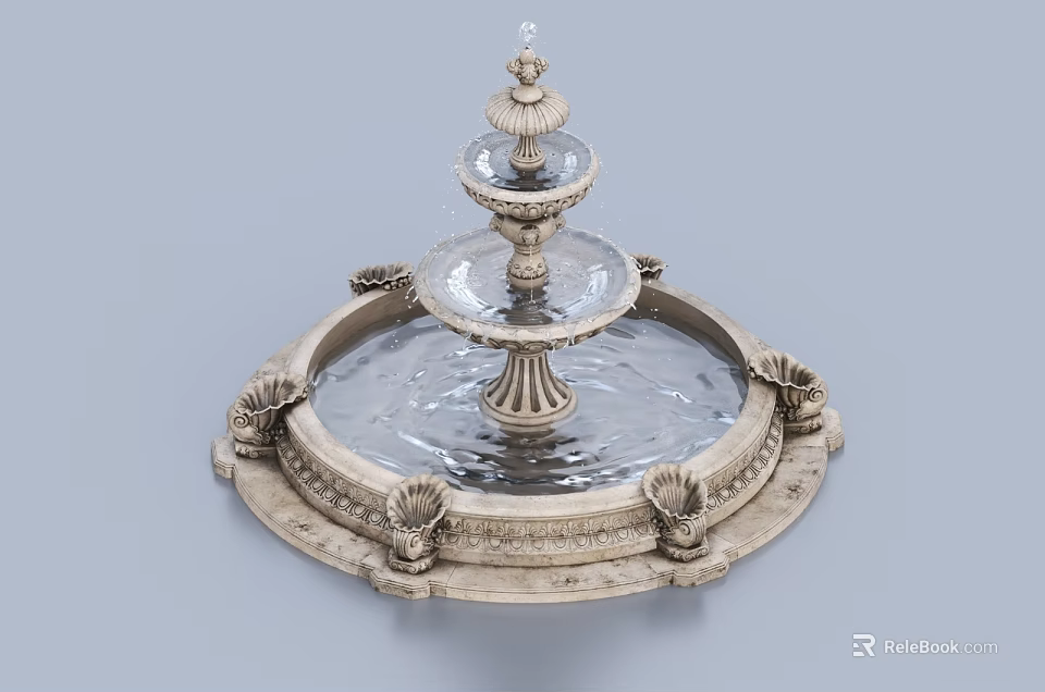 Garden Ornament Fountain With Multi tiered Design Shell Decorations And Flowing Water 3d model 