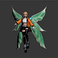 Fantasy Fairy Character Design With Green Wings Orange Jacket White Top And Black Boots